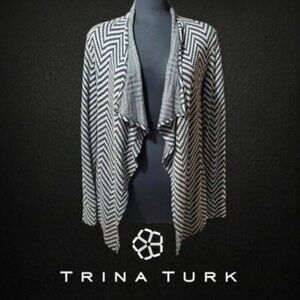 Trina Turk Gillespie Chevron Stripe Draped Waterfall Front Cardigan Black/Grey 6
